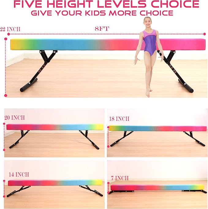 8 Ft Gymnastic Balance Beam with Adjustable Height From7 inch to 22 inch for Kids Children Home Practice, Adjustable Balance Beam with Leg, High and Low Floor Gymnatic Training Beam