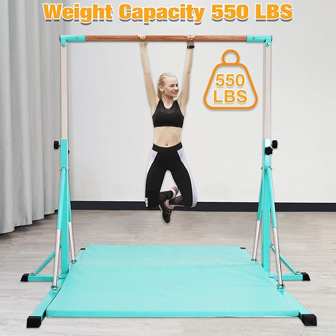 Gymnastics Bar for Kids Ages 3-15, 35" to 60" Adjustable Height, 4FT Wide Base - Professional Kip Bar with 360° Stability & Fiberglass Crossbar, Easy Fold&Solid Design for Home Training