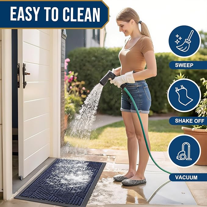 Smiry Front Door Mat Outside Entrance, Heavy Duty Sturdy Natural Rubber Doormat, Trap Dirt and Moisture, Easy Clean Low Profile Mats for Indoor Outdoor Entry, Irregular Triangle (47x24, Navy Blue)