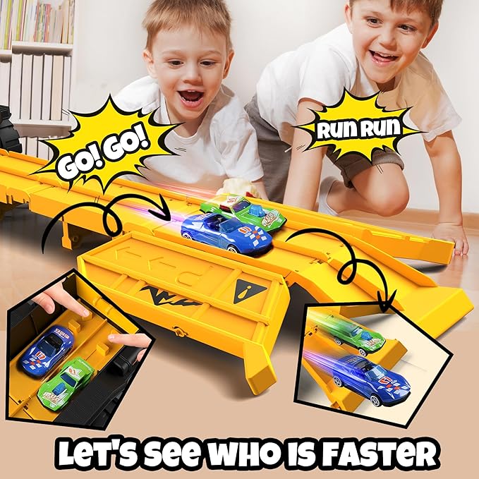 Construction Toy Truck with Race Track Launcher, 2-in-1 Storage Dump Truck and Excavator Playset with 10 Mini Cars, Racing Track Toys for Kids Ages 3-8, Birthday Gift for Boys Girls