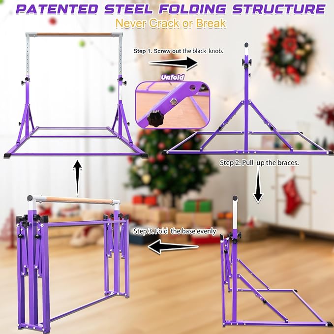 PreGymnastic Foldable Gymnastics Bar, 5.6FT Folding Horizontal Bars for Kids Ages 3-12, Weight Limit 350 LBS, Adjustable kip Bar, Children Home Gym Equipment Indoor