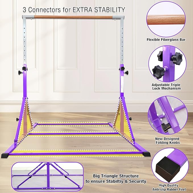 PreGymnastic Foldable Gymnastics Bar, 5.6FT Folding Horizontal Bars for Kids Ages 3-12, Weight Limit 350 LBS, Adjustable kip Bar, Children Home Gym Equipment Indoor