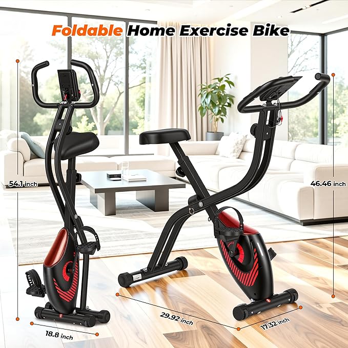 Exercise Bike 3 IN 1 Stationary Bike Folding Exercise Bike with Adjustable Resistance Comfortable Seat Cushion LCD Monitor 265 lbs Weight Capacity for Home Gym Workout (Red)