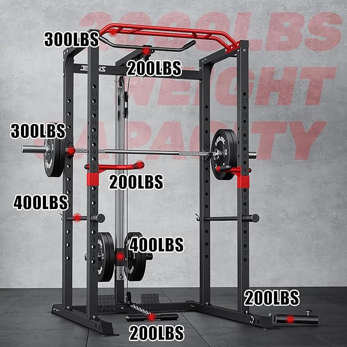 Power Cage, 2000LBS Multi-Function S11 Power Rack with LAT Pulldown, Squat Rack with Adjustable Pulley System and More Training Attachments, Weight Workout Machine for Home Gym