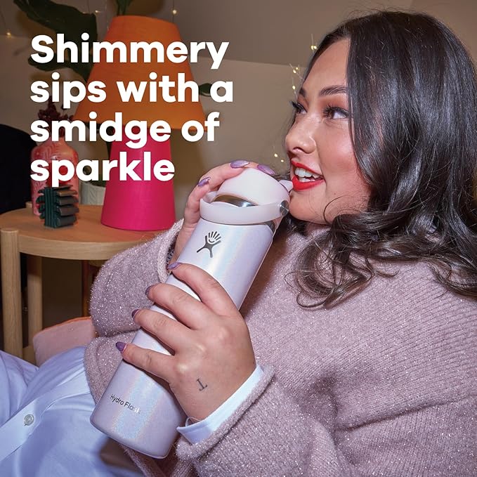 Hydro Flask Water Bottle - Insulated Stainless Steel - Wide Mouth Flex Straw Lid, Non-Spill, Leakproof and Refillable in 32 Oz Glimmer Pink