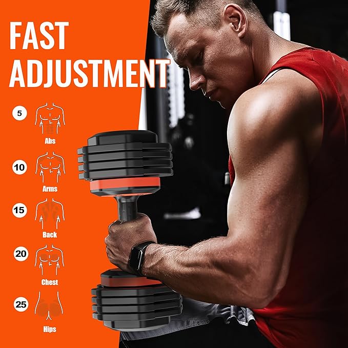 VEICK 25 lbs Adjustable Dumbbell with Anti-Slip Turning Handle, Fast Adjust Weight for Men Women, Exercise Equipment with Tray for Home Gym Full Body Workout Fitness