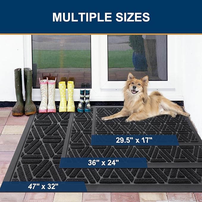 Smiry Front Door Mat Outside Entrance, Heavy Duty Sturdy Natural Rubber Doormat, Trap Dirt and Moisture, Easy Clean Low Profile Mats for Indoor Outdoor Entry, Grid Geometric (71x24, Black)