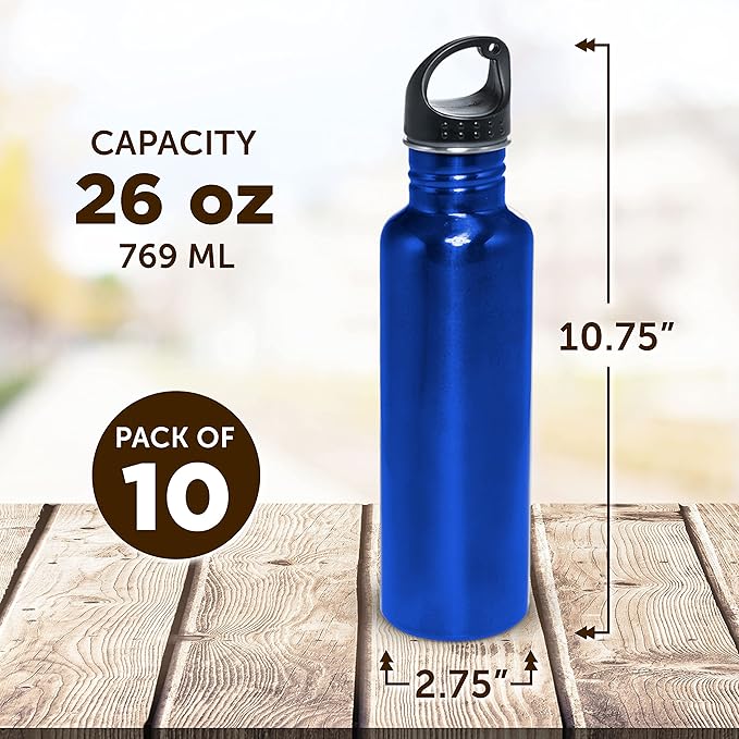 DISCOUNT PROMOS Stainless Steel Water Bottles 26 oz. Set of 10, Bulk Pack - Reusable, Leak Proof, Perfect for Gym, Hiking, Camping, Outdoor Sports - Met Blue