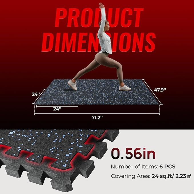 SUPERJARE 0.56'' Thick 6 Pcs 24 Sq Ft Rubber Top Exercise Equipment Mats, High Density EVA Foam Mats with Rubber Top, Interlocking Gym Flooring for Home Gym, Protective Workout Mat, Black/Blue