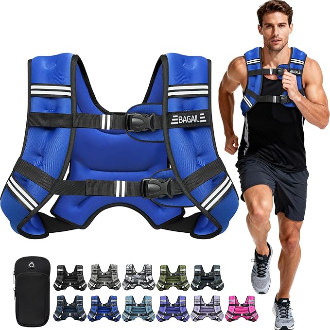 BAGAIL Weighted Vest, 5lb/8lb/10lb/12lb/15lb/20lb/25lb/30lb Weight Vest for Walking & Weight Loss, Reflective Rucking Vest with Phone Pouch for Women & Men, Home Gym & Outdoor Training