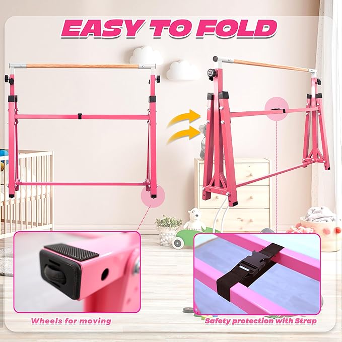 Foldable Gymnastic Bar for Kids Ages 3-20,5FT/6FT Horizontal Bar Base Length,Height Adjustable Kids Training Bar for Gymnastics,Gymnastics Equipment for Home Clubs