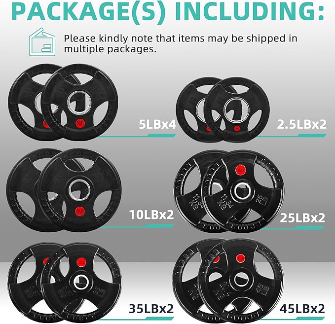 Fitvids Olympic 2-Inch Cast Iron Barbell Set, Including 255 Pounds Weight Plates Set with 7FT Olympic Bar (300 Pounds Total), Multiple Packages