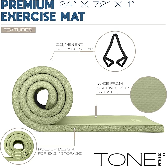 Tone Fitness 1-Inch Thick Yoga Mat | High-Density, Non-slip Exercise Mat with Carrying Strap for Yoga, Pilates, & Home Gym Workouts | Multiple Options