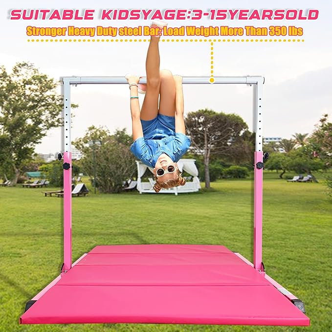 MARFULA Gymnastic Bar with 4 ft Inner Width 5 ft Adjust Height for Kids Kip Bar with 350 lbs Gymnastic Training Equipment for Kids 3-15 Years Home and Club Use