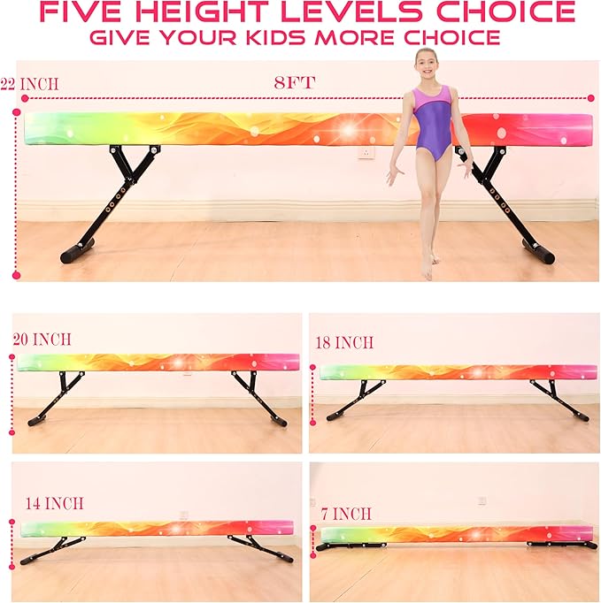 8 Ft Gymnastic Balance Beam with Adjustable Height From7 inch to 22 inch for Kids Children Home Practice, Adjustable Balance Beam with Leg, High and Low Floor Gymnatic Training Beam