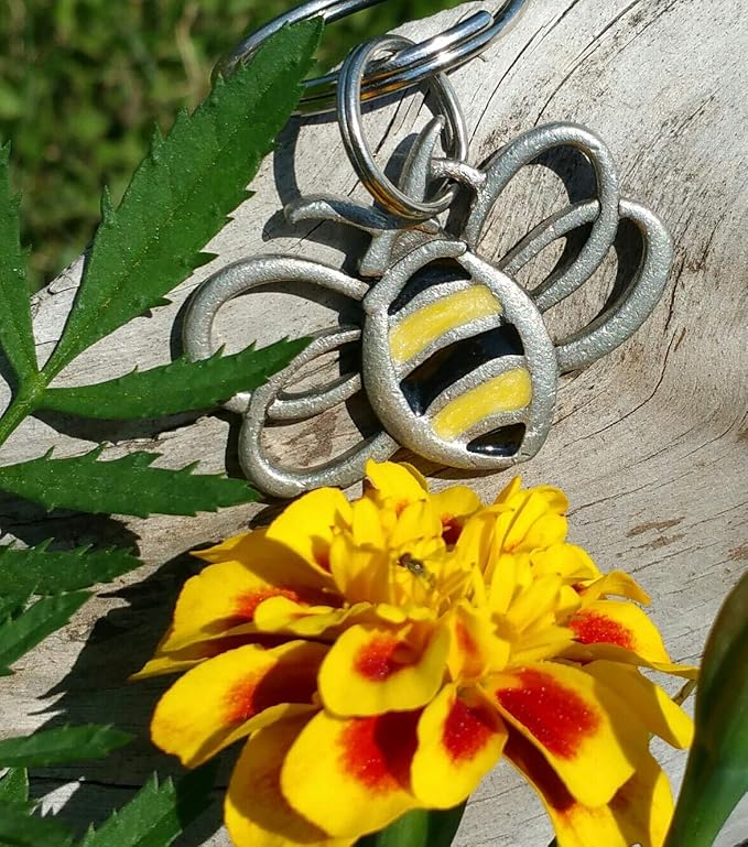 DANFORTH - Bee Keychain Handcrafted Pewter - Bumble Bee/Honey Bee Keychain - 1 ¾”, Made In USA