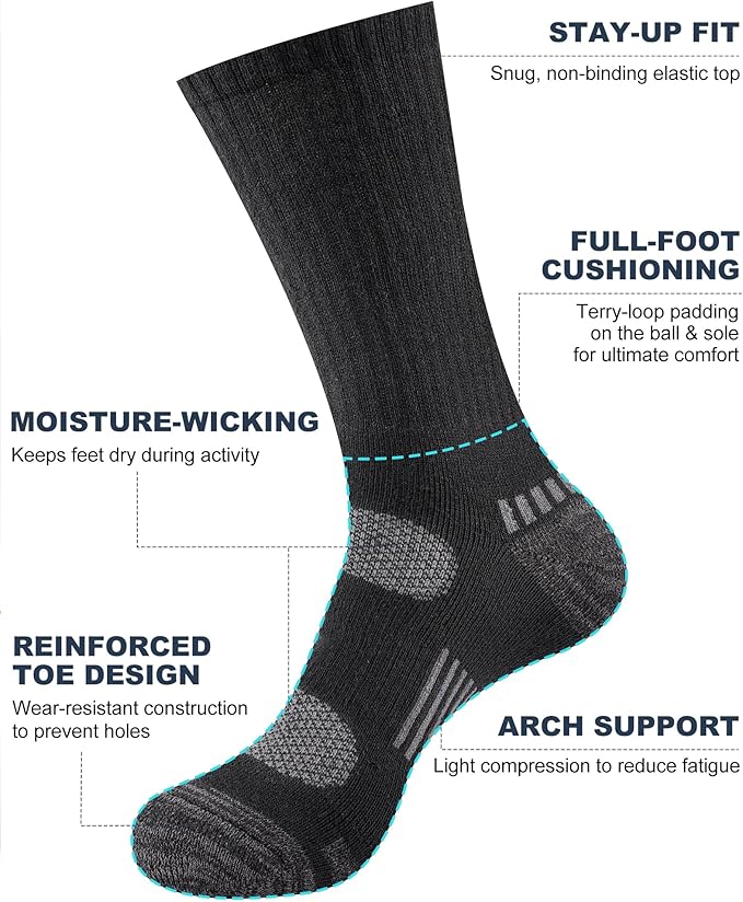 Mens Cotton Boot Crew Socks, 5 Pairs Full Cushion Socks Moisture-Wicking & Reinforced for Work Hiking Walking Outdoor