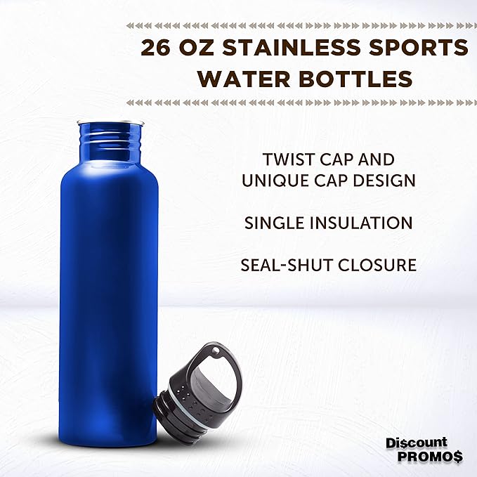 DISCOUNT PROMOS Stainless Steel Water Bottles 26 oz. Set of 10, Bulk Pack - Reusable, Leak Proof, Perfect for Gym, Hiking, Camping, Outdoor Sports - Met Blue