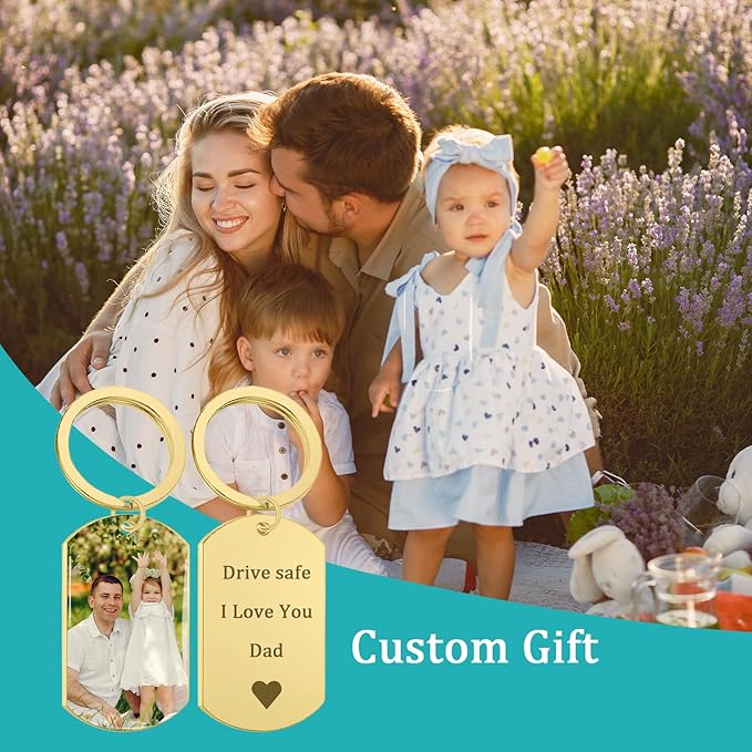 QYH Custom Keychain with Picture - Personalized Key Chain Laser Engraved Photo Text Gold Keychains Customized Gifts for Men