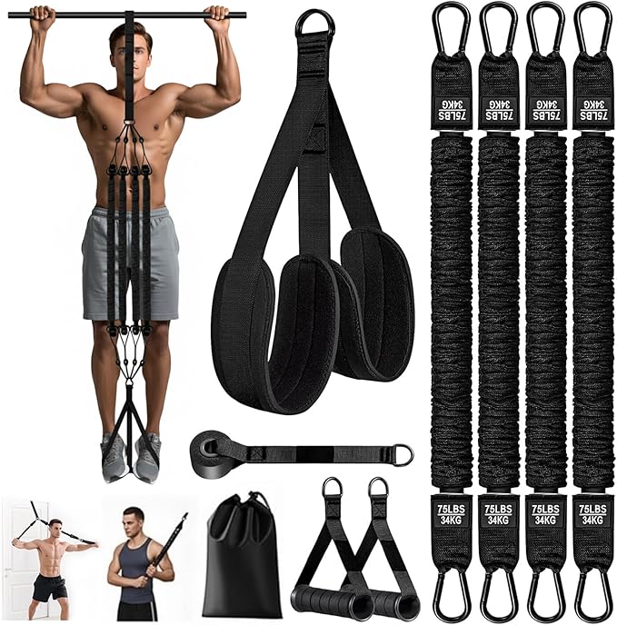 Pull Up Assistance Bands 300 lbs – Heavy Duty Adjustable Pull Up Bar Resistance Bands Set with 4 Assistance Bands, Dual Foot Rest, Nylon Straps & Door Anchor for Unisex Home Gym Strength Training