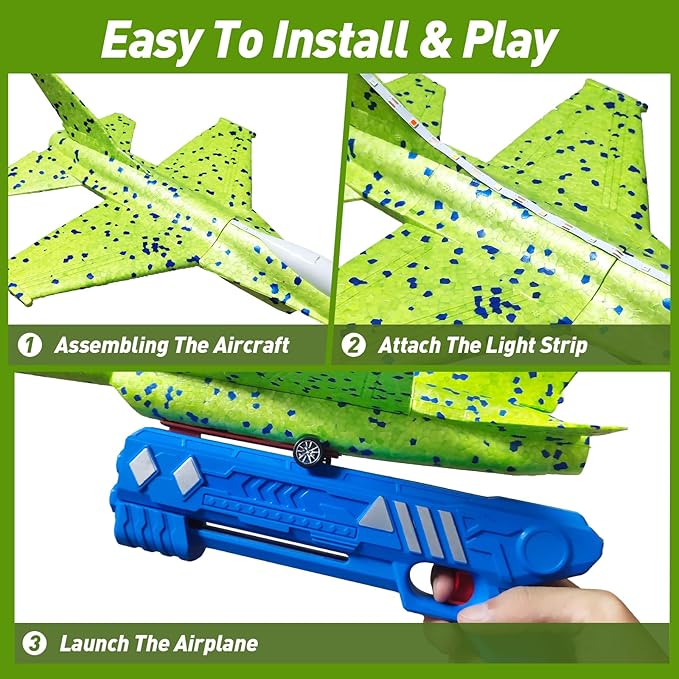 3 Pack Airplane Launcher Toys, 13.2 inch LED foam 2025 F-15 Eagle fighter jet ＆ Glider Catapult Plane for Boys, Flying Toys Christmas Birthday gifts for Boys Girls 4 5 6 7 8 9 10 11 12 Year Old