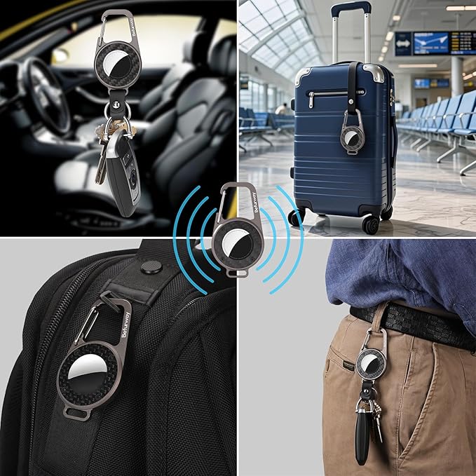 AirTag Holder Keychain - Premium Leather & Carbon Fiber Case with Secure Locking Carabiner | Compatible with Apple AirTag for Keys, Luggage, Backpacks, Bags (Gray)