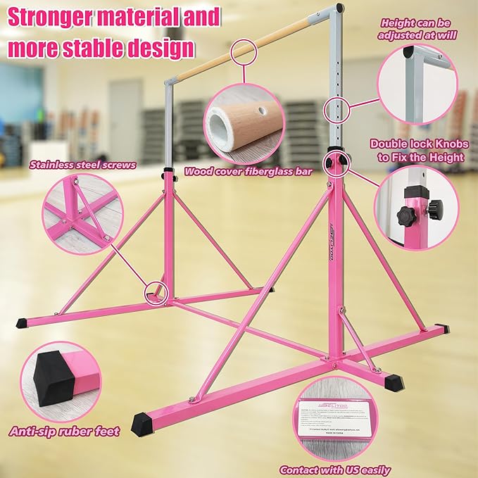 Gymnastics Bar for Kids Adults Ages 5-25,6FT Width ,7.2 FT Base Length ,Gymnastic Horizontal bar,Kip bar For Real Gymnastics,Height Adjustable 49.2" to 68.9",Competition Gymnastics Equipment For Home Gym 500LB Capacity