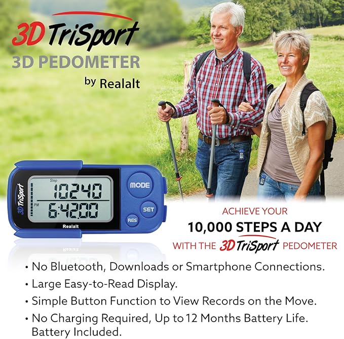 Realalt 3DTriSport Walking 3D Pedometer with Clip & Strap, eBook Included 30 Days Memory Accurate Step Counter, Walking Distance Miles/Km, Calorie Counter, Daily Exercise Time Monitor