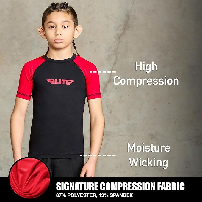 Elite Sports Kids Jiu Jitsu BJJ Rash Guard, Short Half Sleeve Compression Shirt for Youth Boys Girls Sports Nogi Training