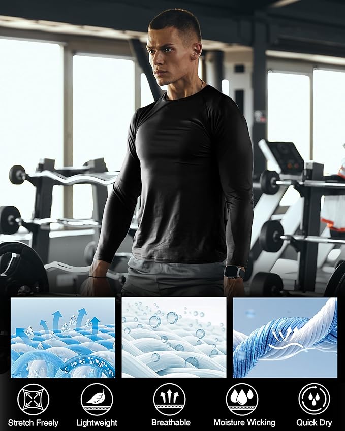 Men's Long Sleeve Compression Shirt, Quick Dry Athletic Base Layer Top, Skins Fit Football Running Workout Undershirt