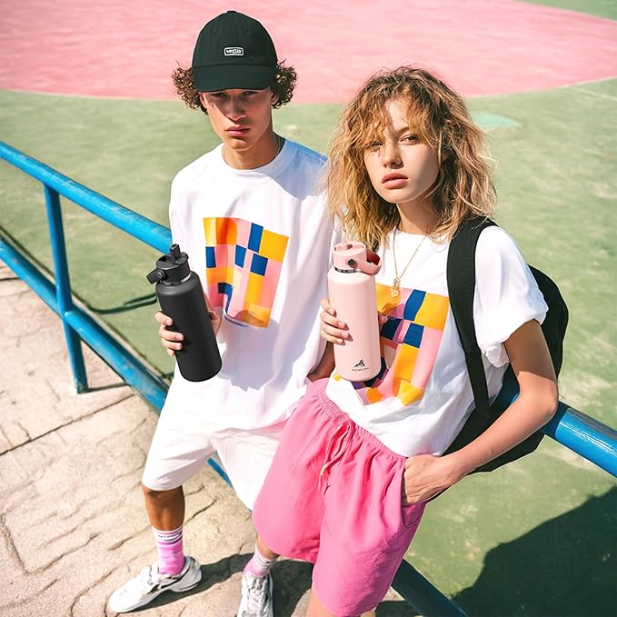 POWCAN 24 oz Water Bottle Insulated: Leakproof, Keep Cold 24H, Car Cupholder Friendly, Top Handle, Lightweight, Metal Water Bottle with Straw for Outdoors, Trip, Fitness, Gift, Running (Cotton Candy)
