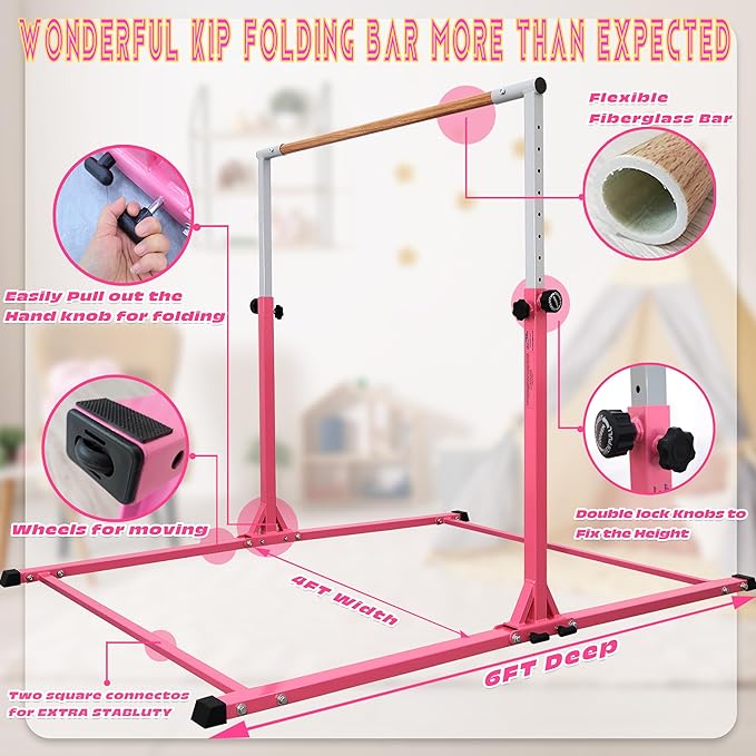 Foldable Gymnastic Bar for Kids Ages 3-20,5FT/6FT Horizontal Bar Base Length,Height Adjustable Kids Training Bar for Gymnastics,Gymnastics Equipment for Home Clubs