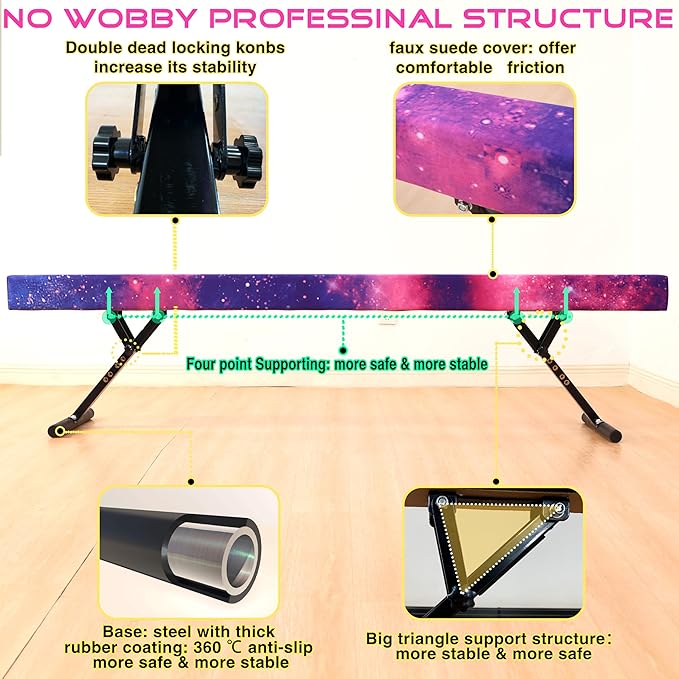 8 Ft Gymnastic Balance Beam with Adjustable Height From7 inch to 22 inch for Kids Children Home Practice, Adjustable Balance Beam with Leg, High and Low Floor Gymnatic Training Beam