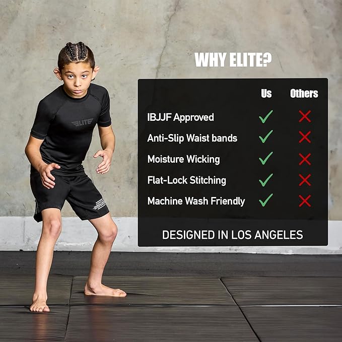 Elite Sports Kids Jiu Jitsu BJJ Rash Guard, Short Half Sleeve Compression Shirt for Youth Boys Girls Sports Nogi Training