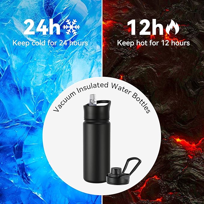 16 oz Insulated Water Bottle with Straw Lids, Stainless Steel Kids Water Bottles for School, Double Wall Vacuum Metal Water Bottle with Straw & Wide Mouth Lid, Black 8 Pack