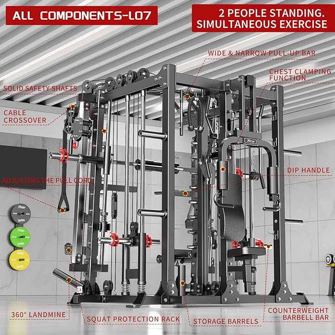 Smith Machine, Multi-Purpose Strength Power Cage with Cable Crossover System and More Training Accessories,Squat Rack Power Rack，Suitable for Home Gyms