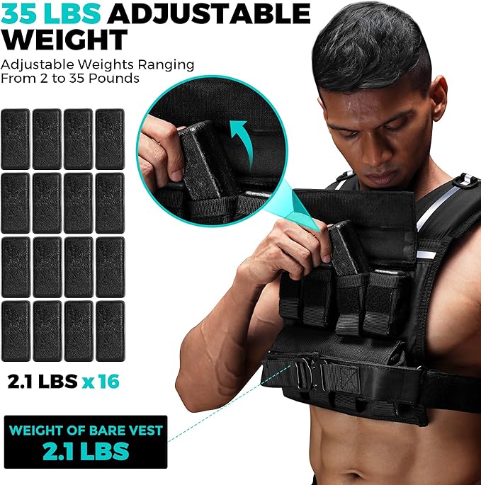 Adjustable Weighted Vest Men 35lb/45lb, Rucking Vests for Walking with Reflective Stripe, 1.2" Ultra Thick Shoulder Padding Strength Training Workout Vest for Running GYM Home, Detachable Iron Weights