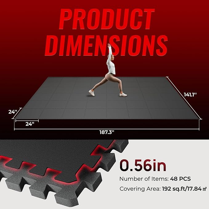 SUPERJARE 0.56'' Thick 48 Pcs 192 Sq Ft Rubber Top Exercise Equipment Mats, High Density EVA Foam Mats with Rubber Top, Interlocking Gym Flooring for Home Gym, Protective Workout Mat, Black
