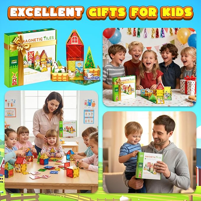 3 otters 42PCS Magnetic Tiles Toys with Farm Animals, Magnetic Building Blocks Educational STEM Toys for Christmas Party Gifts Kids Toddlers Preschool Classroom