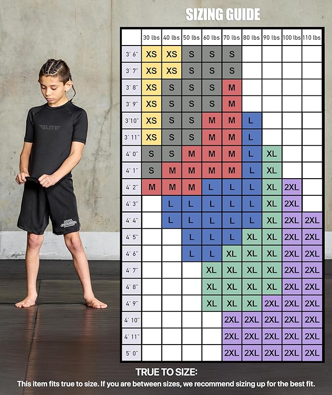 Elite Sports Kids Jiu Jitsu BJJ Rash Guard, Short Half Sleeve Compression Shirt for Youth Boys Girls Sports Nogi Training