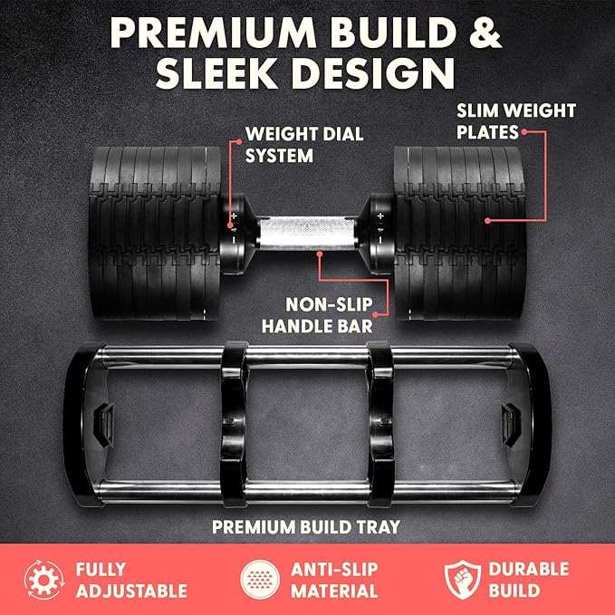 SQUATZ Adjustable Dumbbell Set, Pair of 70LB Anti-Slip Metal Handle, Replace 9 Dumbbells with 1, Quick Change Weight Adjustments with Twist Lock Technology, for Full Body Workout, Fitness and Weightlifting