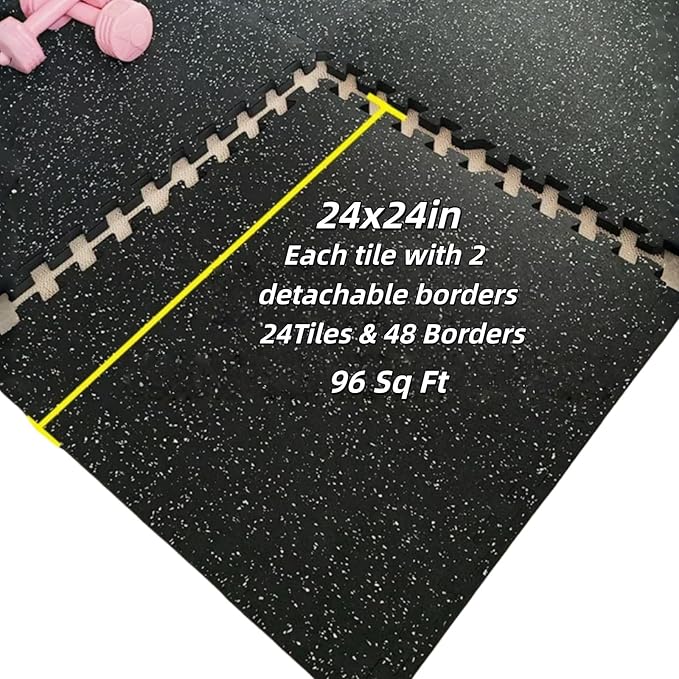 Interlocking Rubber Gym Mats 96 Sq Ft Heavy Duty Exercise Flooring for Home Gym, Weightlifting, Yoga, Playroom - Dual-Layer Non-Slip Noise Reducing Floor Protection Tiles