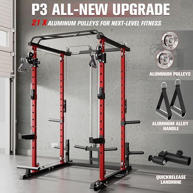 RitFit Upgraded PPC-P3 Power Cage, 3-in-1 Home Gym with Aluminum Pulley System, 1200LBS Capacity, Includes LAT Pulldown, Landmine, J-Hooks & 20+ Attachments, Fits Compact Spaces Black Red