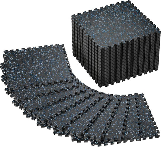 SUPERJARE 0.56'' Thick 36 Pcs 144 Sq Ft Rubber Top Exercise Equipment Mats, High Density EVA Foam Mats with Rubber Top, Interlocking Gym Flooring for Home Gym, Protective Workout Mat, Black/Blue