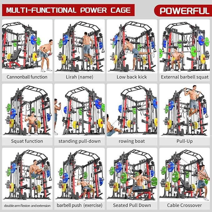 Smith Machine, Multi-Purpose Strength Power Cage with Cable Crossover System and More Training Accessories,Squat Rack Power Rack，Suitable for Home Gyms