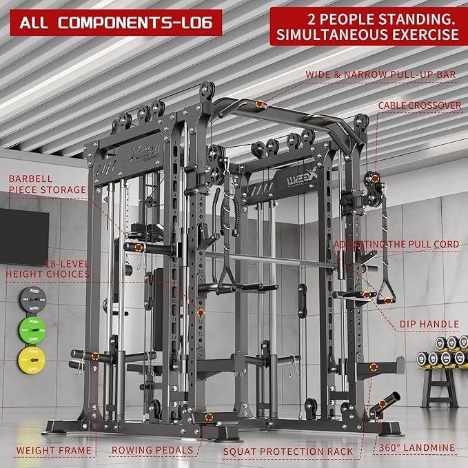 Smith Machine, Multi-Purpose Strength Power Cage with Cable Crossover System and More Training Accessories,Squat Rack Power Rack，Suitable for Home Gyms