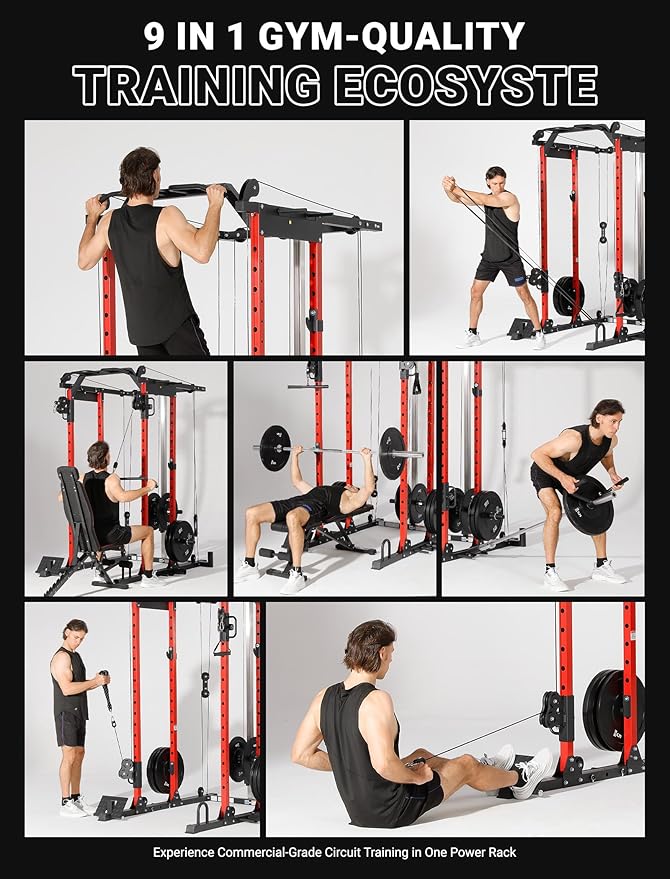 YOLEO Smooth Dual Pulley System Power Cage, 1700LBS Adjustable Cable Crossover Power Rack, Multi-Functional Squat Rack for Home Gym