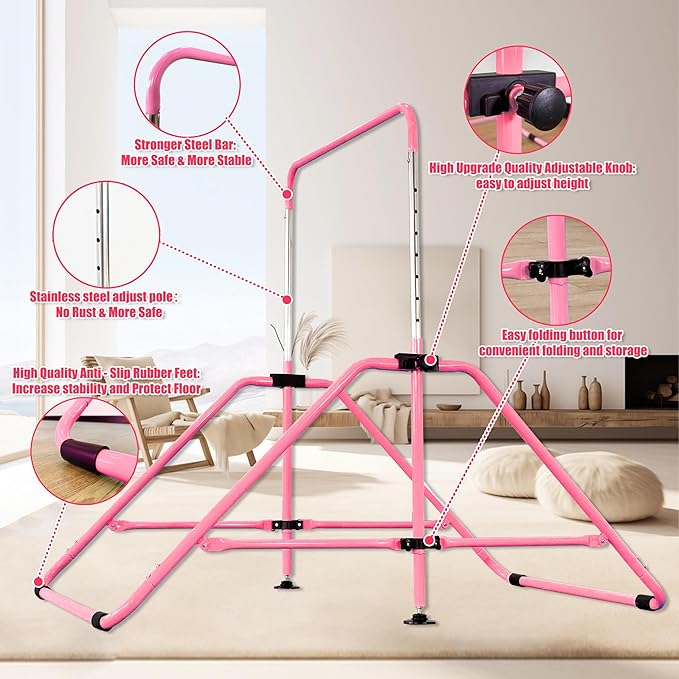 MARFULA Foldable Gymnastic Bar for Kids Ages 3-12, 9 Height Levels, 200 lbs Weight Capacity, 5 Ft Length Gymnastic Kip Bar with Mat, Gymnastic Equipment for Home and Gym Center Indoor Outdoor Use