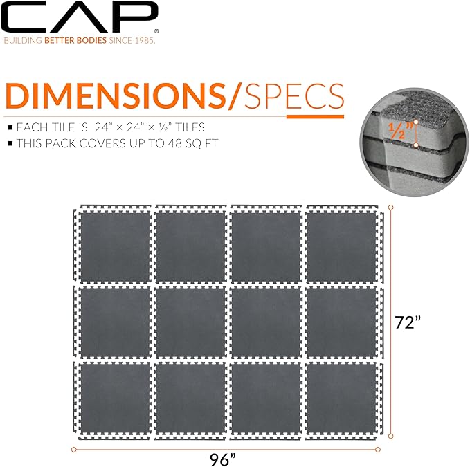 CAP Barbell Interlocking EVA Foam Carpet Puzzle Mat Floor Tiles - 24" x 24" x 1/2" | Multiple Color Options