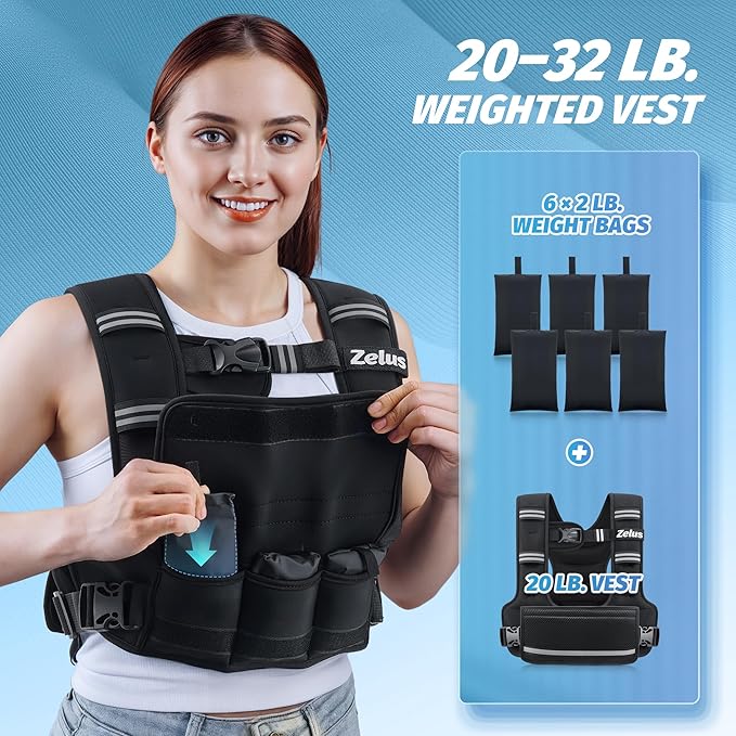 ZELUS Weighted Vest for Women Men, 4-10lb/11-20lb/20-32lb Curve-Fit Ergonomic Design Adjustable Workout Vest with 6 Iron Sand Bags, SGS-Certified Rucking Vest for Strength Training & Cardio Workouts